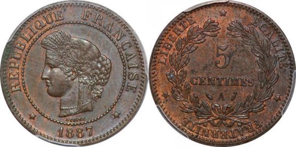 France 5 centimes Cérès 1887 A Paris PCGS MS62 BN