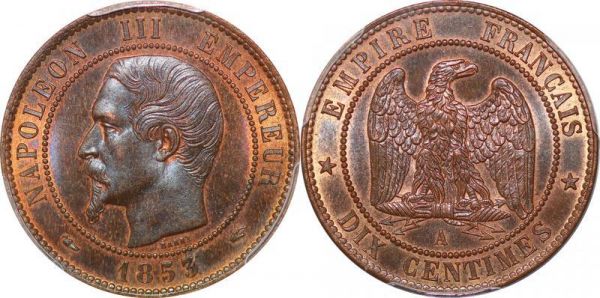 France 10 Centimes Napoléon III 1853 A Paris PCGS MS64 RB