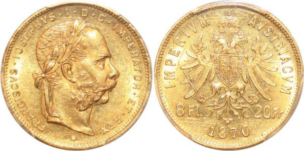 Austria 20 Francs 8 Florins Franz Joseph I 1870 Or Gold PCGS MS62 