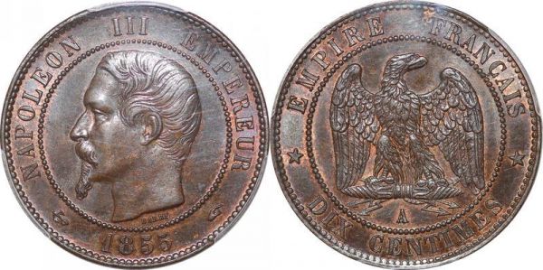 France 10 Centimes Napoléon III 1855 A Paris Ancre PCGS MS63 BN