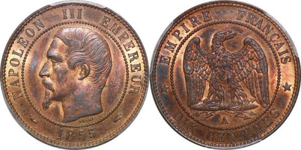 France 10 Centimes Napoléon III 1855 A Paris Chien PCGS MS63 RB