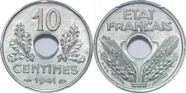 France 10 Centimes Etat Français 1941 PCGS MS65