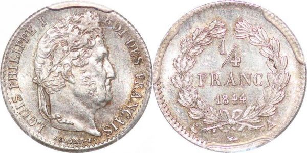 France 1/4 Franc Louis Philippe 1844 A Paris PCGS MS64