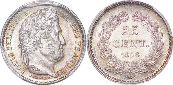 France 25 Centimes Louis Philippe 1848 A Paris PCGS MS63
