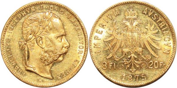 Austria 20 Francs 8 Florins Franz Joseph I 1875 Or Gold AU 