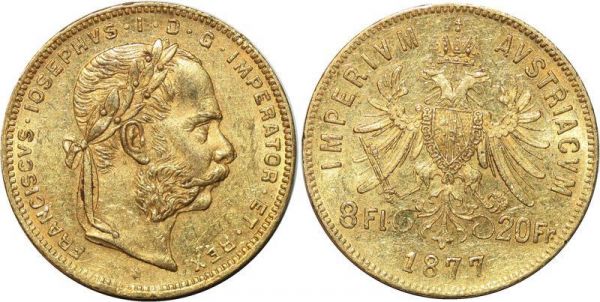 Austria 20 Francs 8 Florins Franz Joseph 1877 Or Gold AU