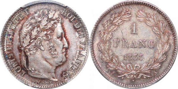 France 1 Franc Louis Philippe I 1833 A Paris PCGS MS63