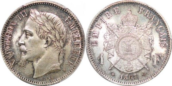 France 1 Franc Napoléon III 1867 BB Strasbourg PCGS MS64