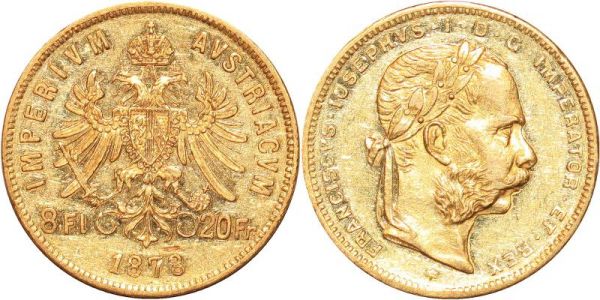 Austria 20 Francs 8 Florins Franz Joseph I 1878 Or Gold AU 