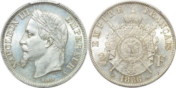 France 2 Francs Napoléon III 1866 A Paris PCGS MS63