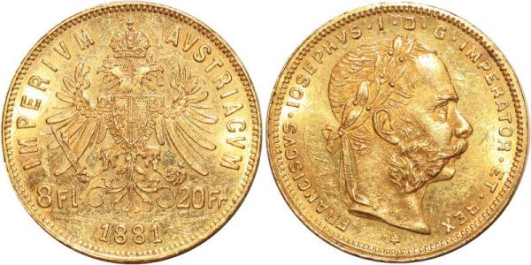 Austria 20 Francs 8 Florins Franz Joseph I 1881 Or Gold AU 