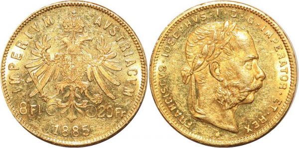 Austria 20 Francs 8 Florins Franz Joseph I 1885 Or Gold AU 