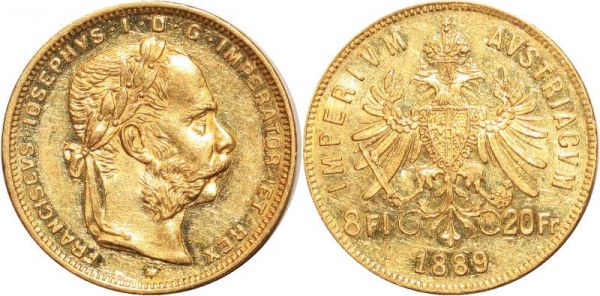 Austria 20 Francs 8 Florins Franz Joseph I 1889 Or Gold AU 