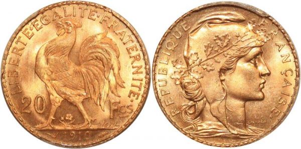 France 20 Francs Coq Rooster 1910 Or Gold PCGS MS66 