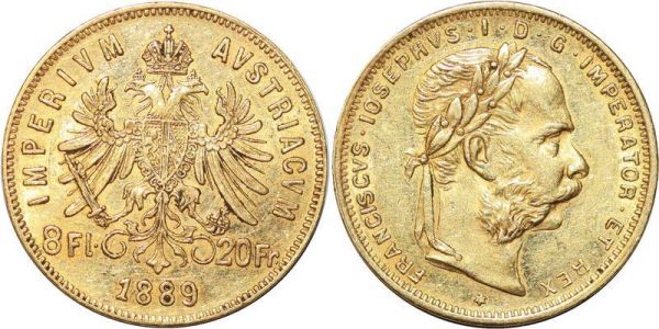 Austria 20 Francs 8 Florins Franz Joseph 1889 Or Gold AU