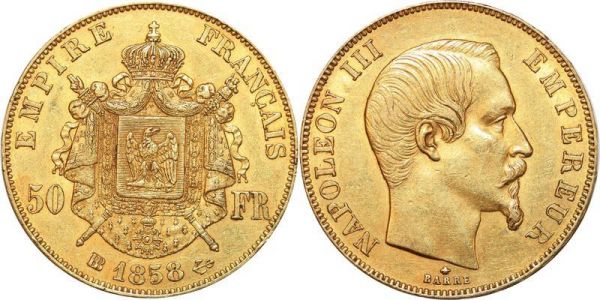 France 50 Francs Napoléon III 1858 BB Strasbourg Or Gold 