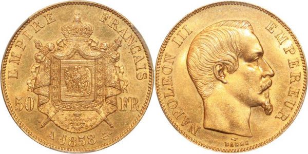 France Finest 50 Francs Napoleon III 1858 A Paris Or Gold PCGS MS65