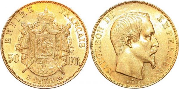 France 50 Francs Napoléon III Laurée 1858 BB Strasbourg Gold SUP+/SPL