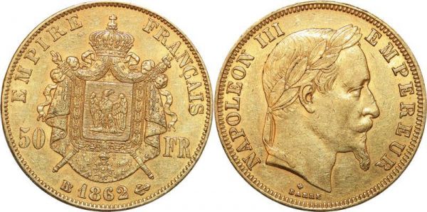 France 50 Francs Napoléon III 1862 BB Strasbourg Or Gold 
