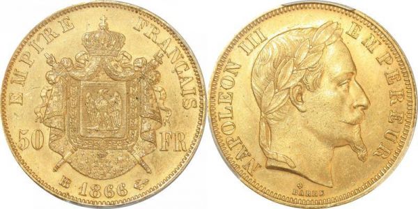 France 50 Francs Napoleon III 1866 BB Strasbourg Or Gold PCGS MS64 