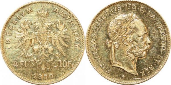 Austria Habsburg 4 Florins 10 Francs Franz Joseph I 1870 Or Gold 7740ex 