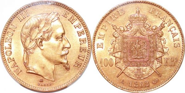 France 100 Francs Napoleon III 1862 A Paris Or Gold PCGS MS61