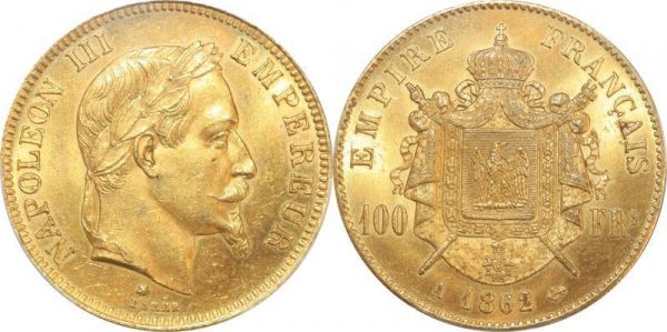 France 100 Francs Napoleon III 1862 A Paris Or Gold PCGS MS63 