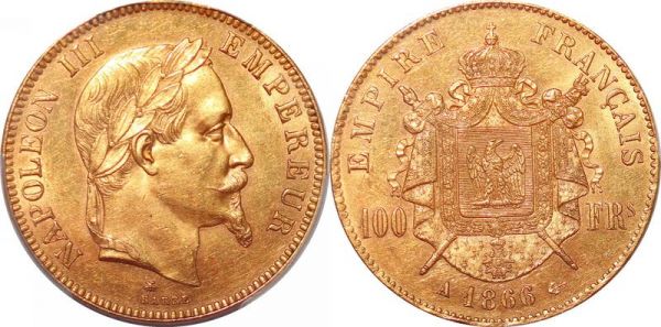 France 100 Francs Napoleon III 1866 A Paris Or Gold PCGS MS62