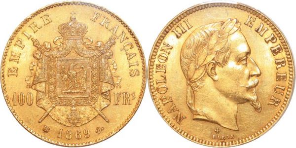 France 100 Francs Napoleon III 1869 BB Strasbourg Or Gold PCGS MS62