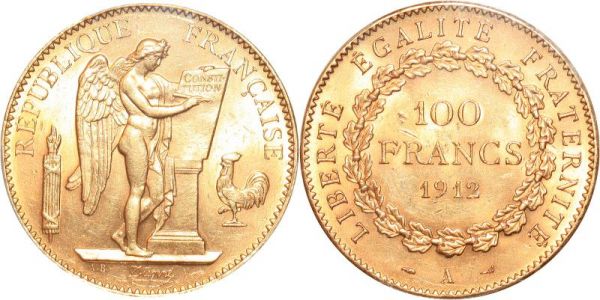 France 100 Francs Genie 1912 A Paris Or Gold PCGS MS62
