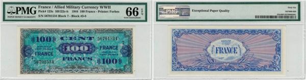 France 100 Francs Trésor 1944 american print - Verso France Pick# 123c PMG 66 EPQ