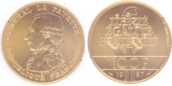 France Coffret 100 Francs LafayEtte Duvivier 1987 Or Gold BU PF Proof COA