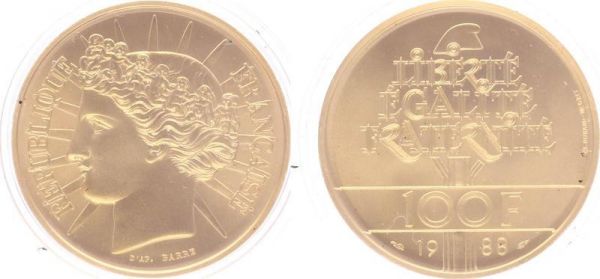 France Coffret 100 Francs Fraternité Bae 1988 Or Gold BU PF Proof COA