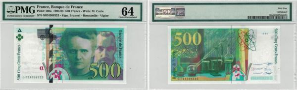 France 500 Francs Pierre et Marie Curie 1994-95 Pick# 160a PMG 64