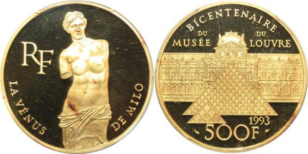 France 500 Francs Venus Louvre Milo 1993 OZ Gold 999/00 BE PCGS PR68