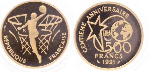 France Coffret 500 Francs Basketball 1991 Or Gold BE PF Proof COA