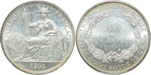 France French Indochina French Colonies 50 Cents 1936 PCGS MS65 