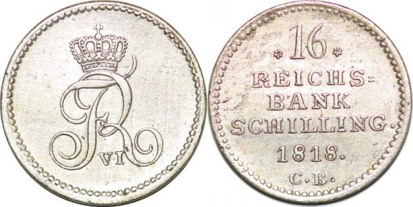 Germany Schleswig Holstein 16 Reichsbank Schilling 1818 Silver