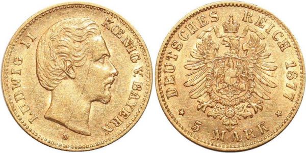 Germany 5 Marks Ludwig II Bayern 1877 D Or Gold AU 