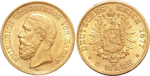 Germany 5 Marks Friedrich Baden 1877 G Or Gold AU 