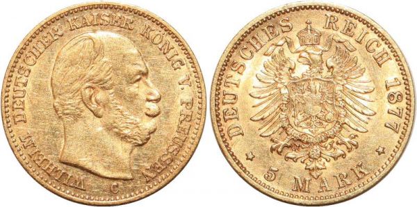 Germany 5 Marks Wilhelm PRussia 1877 C Or Gold AU 