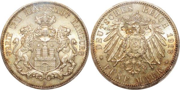 Germany 5 Marks 1913 J Hambourg Silver PCGS MS64 