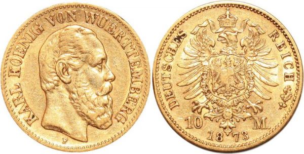Germany 10 Marks Karl Wurttemberg 1873 F Or Gold AU 