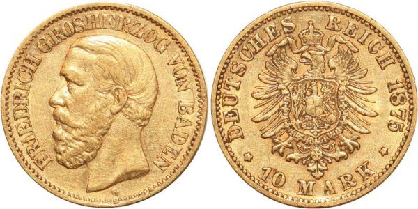 Germany 10 Marks Friedrich Baden 1875 G Or Gold AU 
