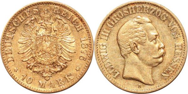 Germany 10 Marks Ludwig III Hessen 1876 H Or Gold AU 