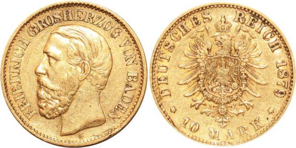 Germany 10 Marks Friedrich Baden 1879 G Or Gold AU 