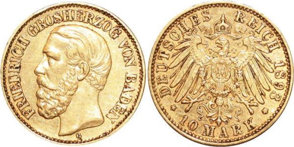 Germany 10 Marks Friedrich Baden 1893 G Or Gold AU 