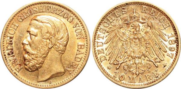Germany 10 Marks Friedrich Baden 1897 G Or Gold AU 