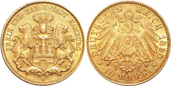 Germany 10 Marks 1898 J Hambourg Or Gold AU 