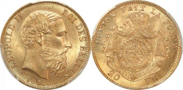 Belgium 20 Francs Leopold II 1875 Or Gold PCGS MS65 